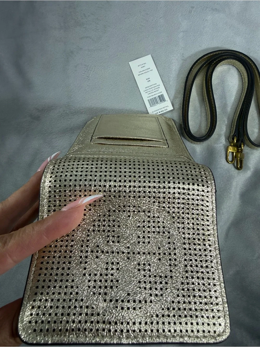 Tory Burch Metallic Perforated Phone Crossbody - Light Gold  Style: 34611